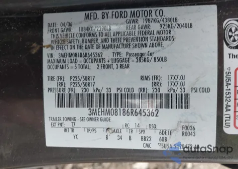 2006 Mercury Milan V6 Premier z USA, uszkodzony, nr VIN 3MEHM08186R645362